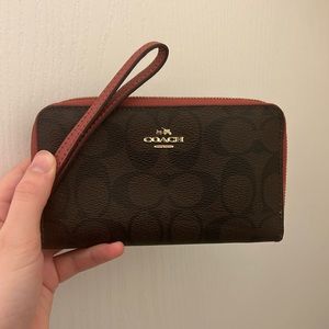 Coach Signature Coated Canvas Women's Phone Wallet/ Wristlet - Brown/Pink